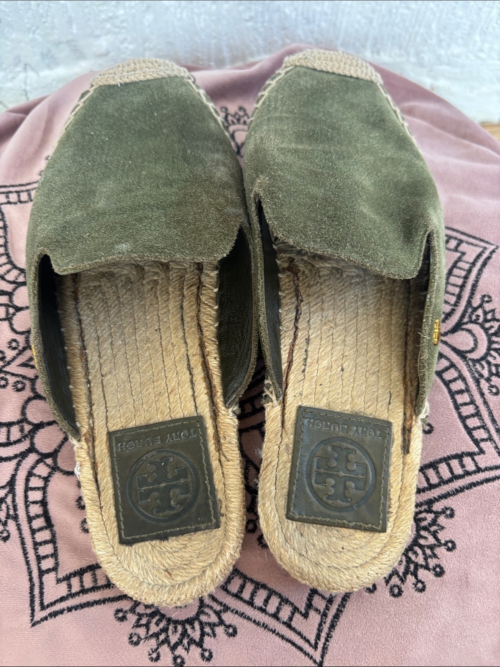 Tory Burch Suede Espardrille Olive Green Slide Leather Mules sz 6 - Picture 5 of 9